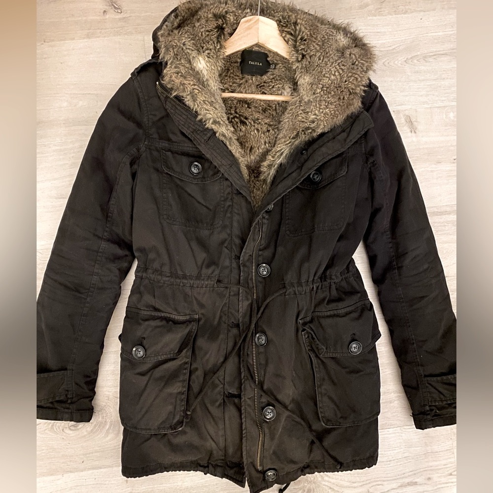Aritzia; Talula Washed Black Coat with Detaching Fur Lining